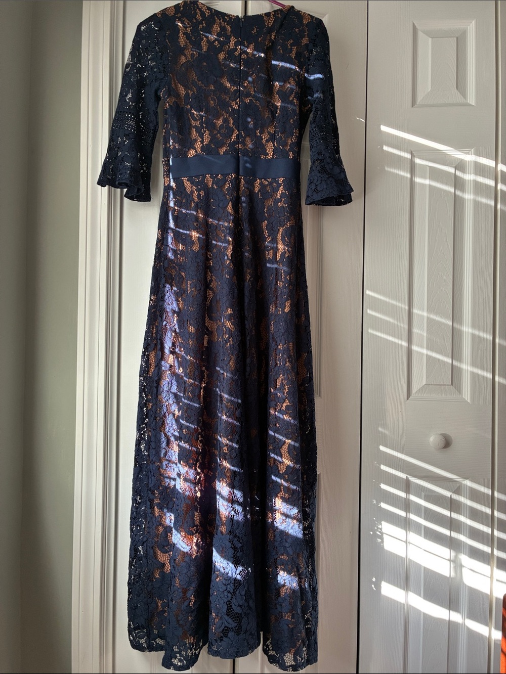 Navy Lace Maxi Dress with Nude Underlay and Three-Quarter Sleeves